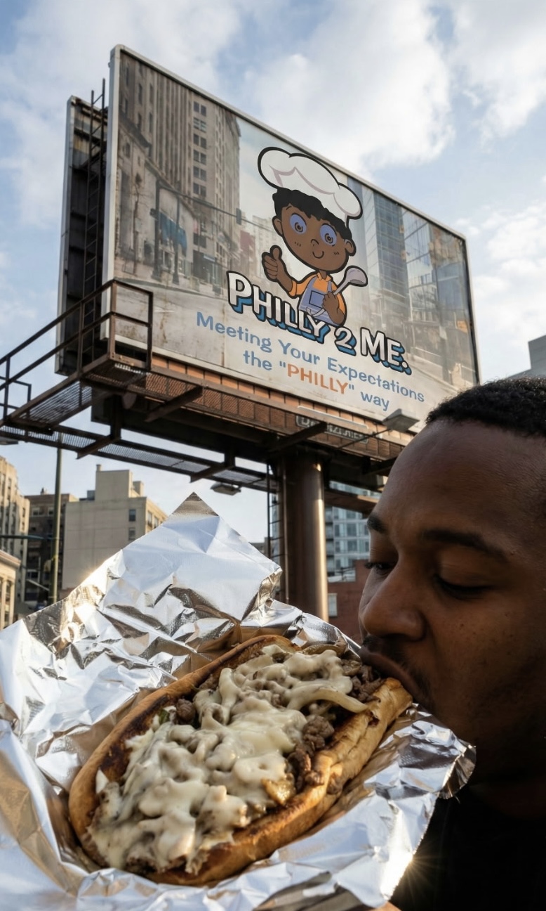 Cheesesteak in foil with Philly 2 Me billboard in the background