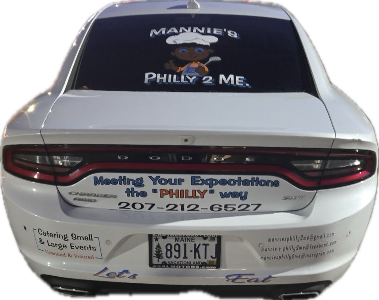 Back of Mannies Philly 2 Me car showing catering information